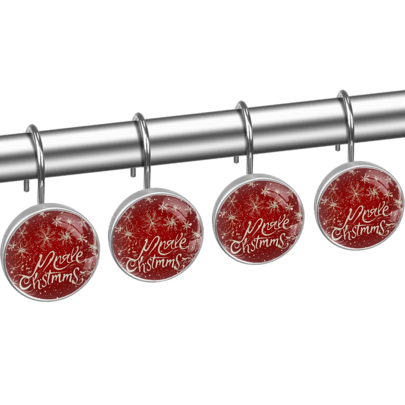Merry Christmas Snowflakes Red Shower Curtain Hooks Round Crystal Glass, Set of 12 Shower Curtain Rings - Shower Hooks for Curtain Shower Rings