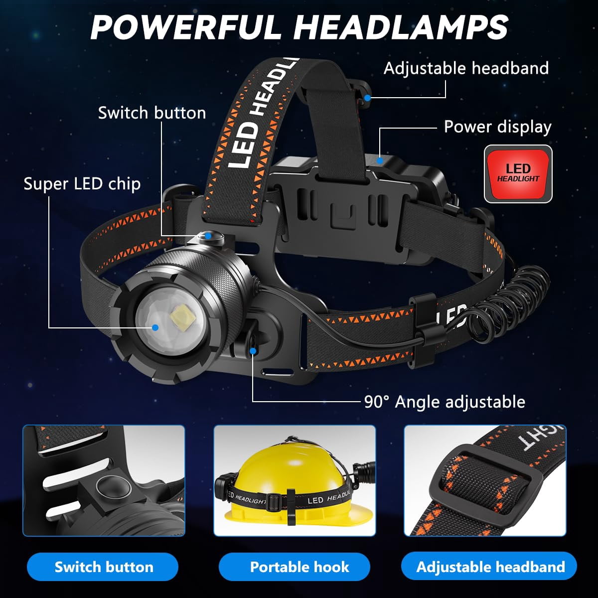 3pack Rechargeable Headlamps For Adults  3000l Super Bright Head Lamps Led 4mode Lights Forehead Hard Hat Adjustable Focus 90°headlight Waterproof Headlamp Camping