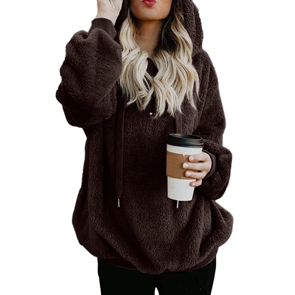 Vedolay Hoodless Sweatshirts for Women Fashion 2023 Oversized V-Neck Long Sleeve Pocket Tunic Sweatshirts Zip up Hoodie Y2k Brown,L