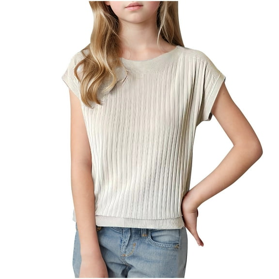 Fesfesfes Short Sleeve Shirts for Teens Girls Crew Neck Cute Summer Tops Solid Color Print Comfy Blouses Cute Clothes 6-13 Years(Beige,10-11 Years)