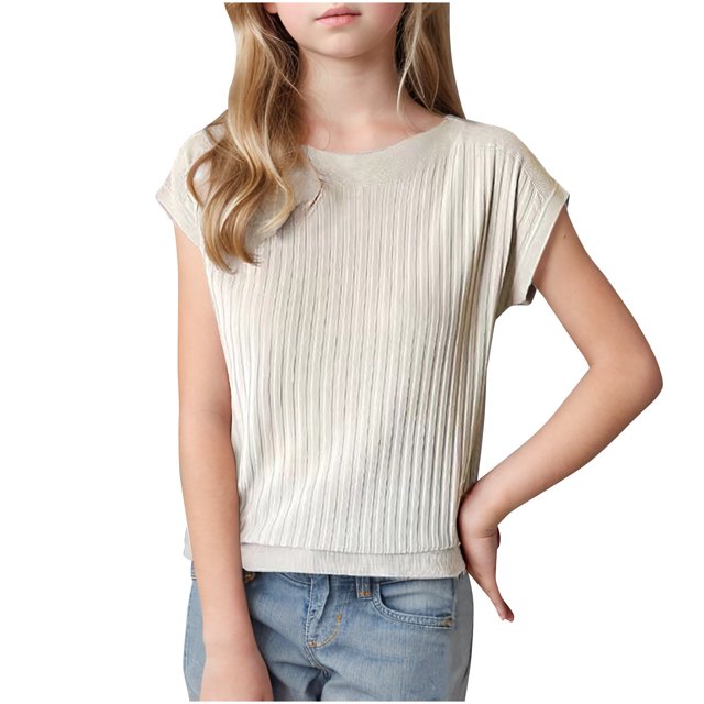 WRKEKC Summer Tops for Teens, Girls Casual Short Sleeve Tops, Summer and Spring Solid Color High Neck Girls Solid Color Short Sleeve Crew-Neck Top Shirt