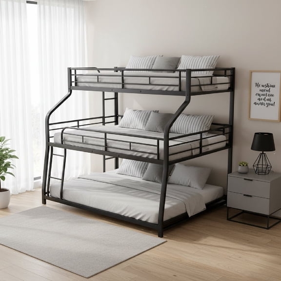 Morufur Twin XL over Full XL over Queen Metal Triple Bunk Bed, Bed Frame with Dual Ladders & Full Guardrails for Bedroom Apartment, Black