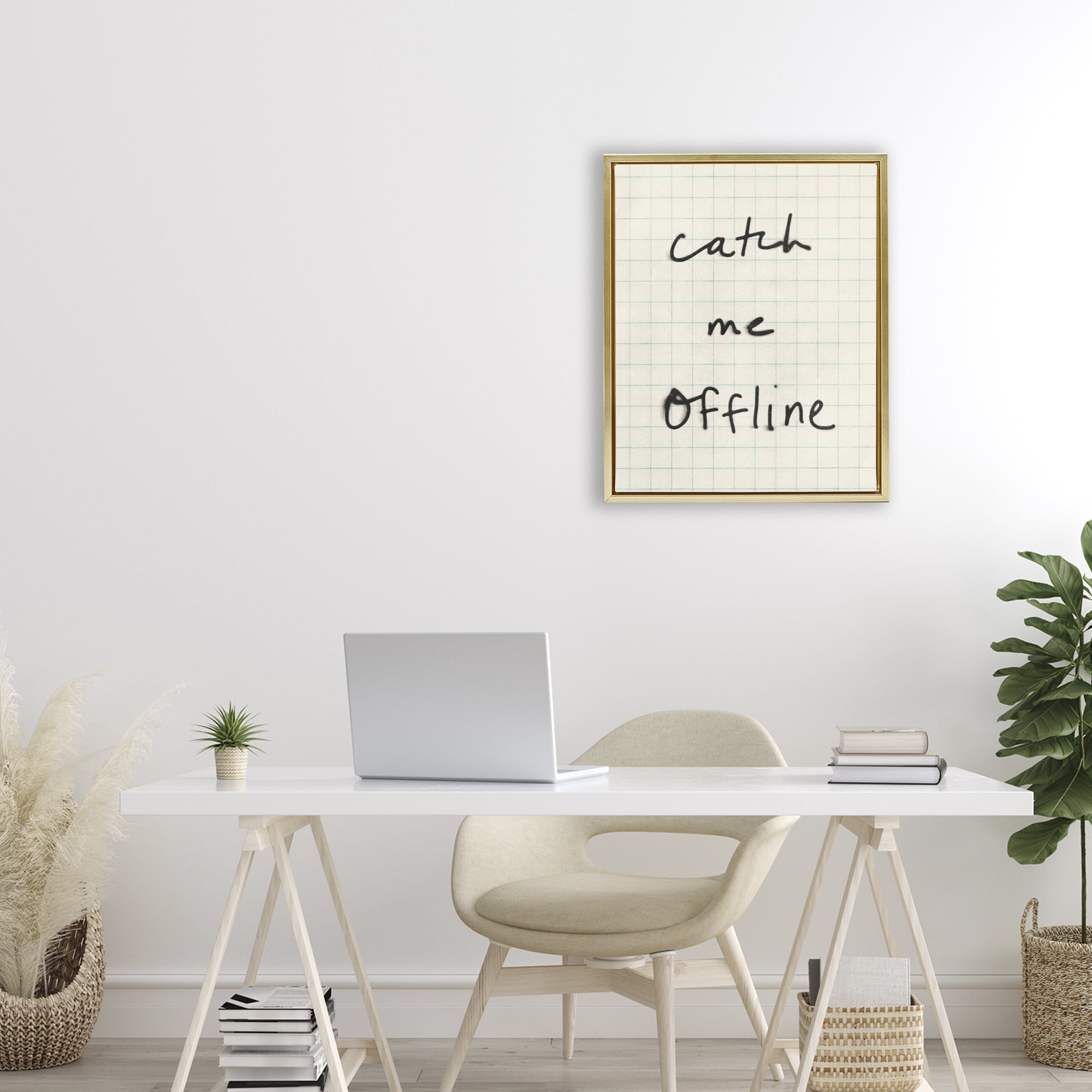 Stupell Industries Catch Me Offline Scrawl Gold Framed Floater Canvas Wall Art, design by Victoria Barnes