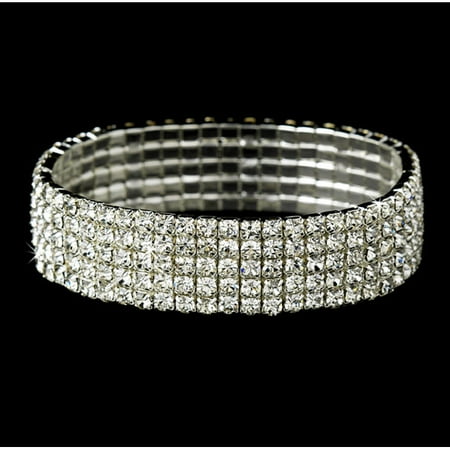 Silver 5 Row Clear Rhinestone Stretch Bracelet