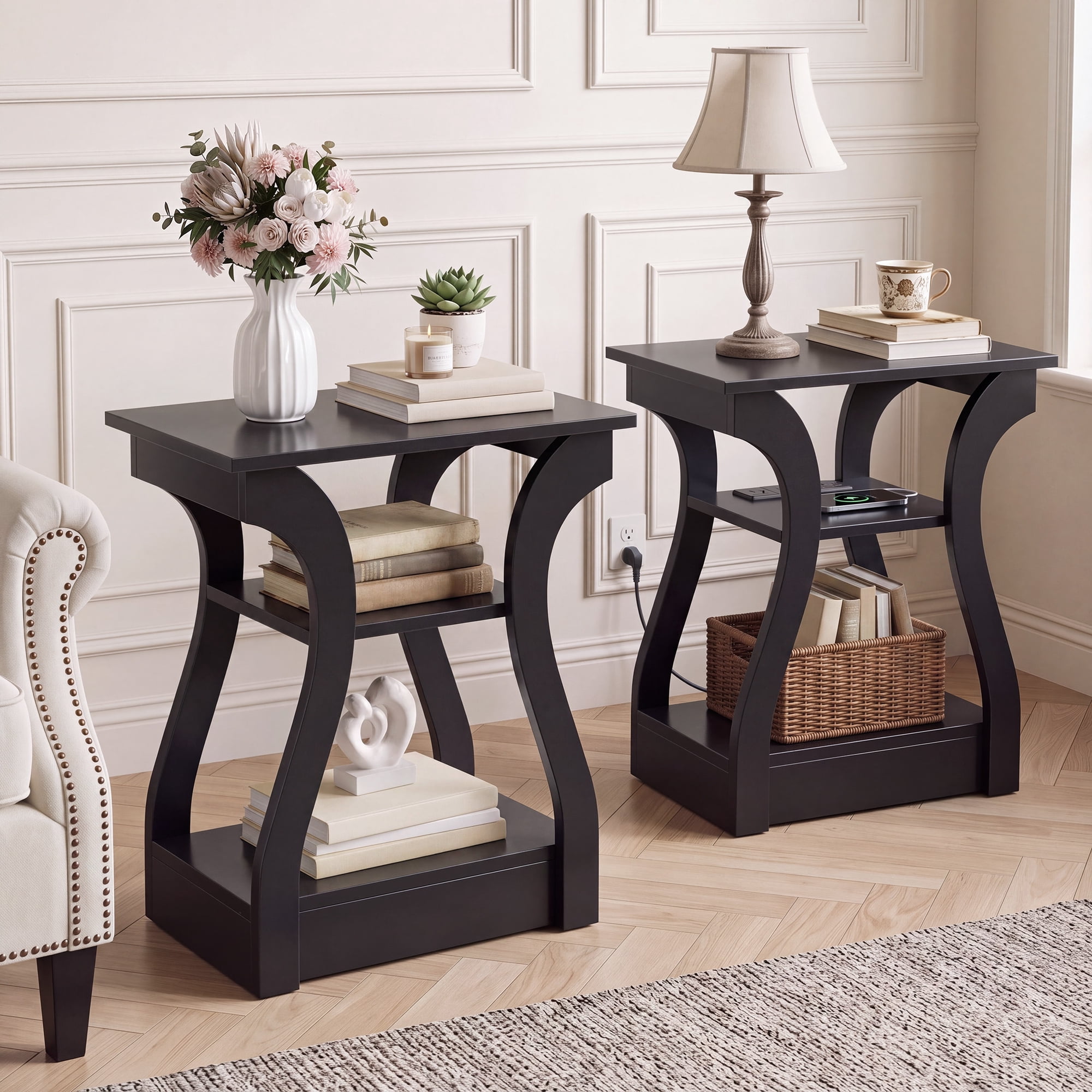 edx End Table with Charging Station Set of 2, 3-Tier Nightstand with USB, Type-C & Outlets, Wood Side Tables for Small Spaces, Black