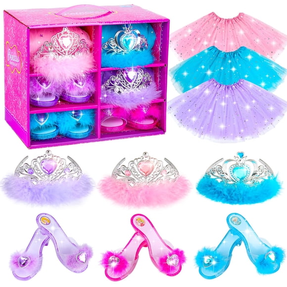 Conjunto de disfraces de princesa BIBUTY con 3 pares de zapatos, vestidos y coronas