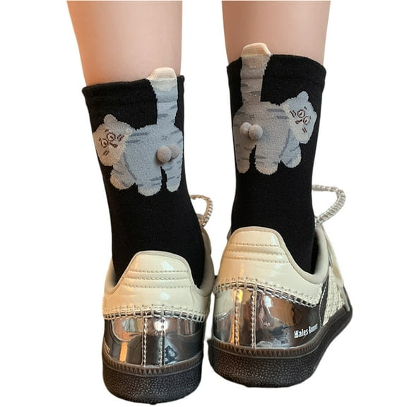 KDDYLITQ 1 Pairs White Cat Socks, 3D Novelty Cotton, Funny Animal Crew Socks with Embroidered Cat for Women Black One Size
