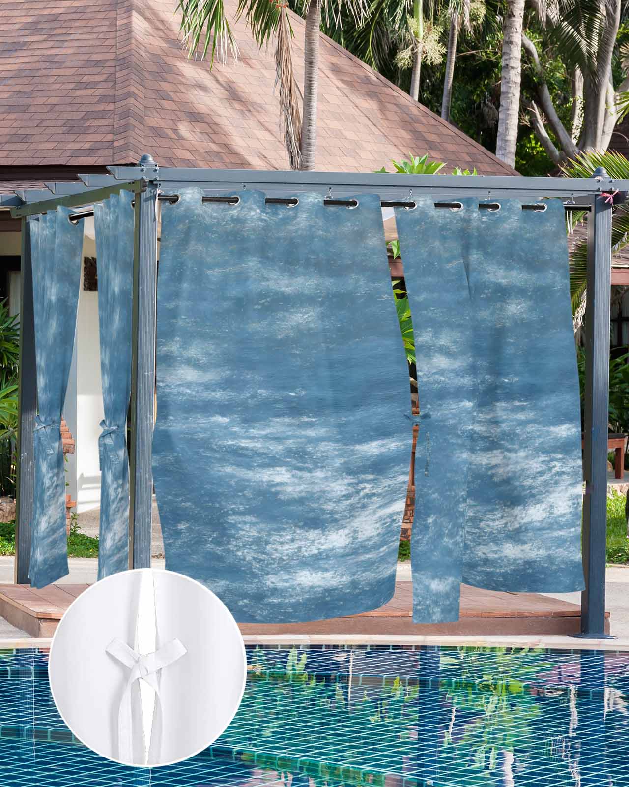 Vintage Blue Outdoor Curtains for Patio, Modern Abstract Art Ombre Privacy Drapes Grommet Waterproof Outside Curtains for Porch/Cabana/Balcony 54"x 108", 1 Panel