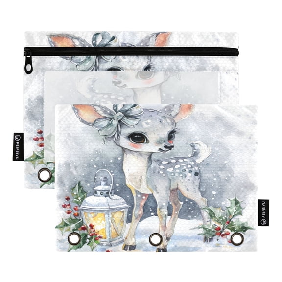 2 Pack 3 Ring Binder Pouch with Clear PVC Window Water Resistant Zipper Pencil Pouch Silver Deer Pattern Binder Pocket for Classroom Office Home Stationery Organization
