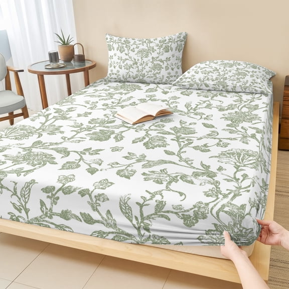Full Size Fitted Sheet Set - Green Leaf Flower 3 Piece Bedding Sets 16" Deep Pocket Fitted Sheet with 2 Pillowcases Vintage Farmhouse Bohemian Spring Brushed Microfiber Hotel Luxury Bed Sheets