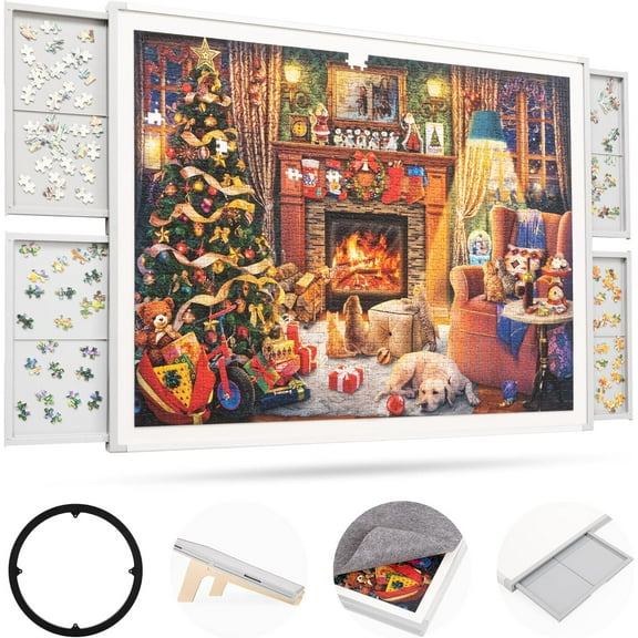 1500 Pieces 35"x26" Double-Sided Rotating Plastic Puzzle Board with Drawers and Cover, Portable Jigsaw Puzzle Board,Tilting Puzzle Board,Lazy Susan Spinning Puzzle Boards,Puzzle Table(Grey)