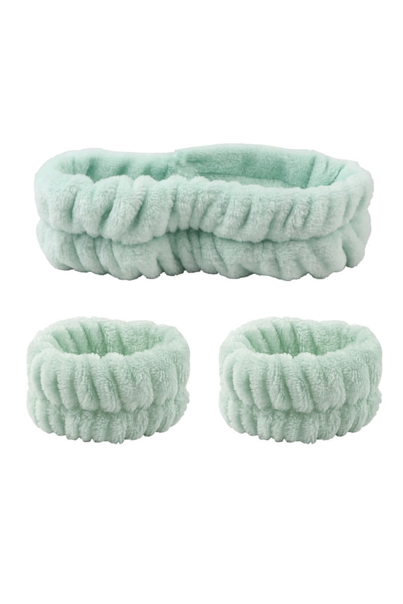 Spa Headband Wrist Washband Set, Coral Fleece Facial Makeup Headband High Elastic Hair Band with 2 Pieces Wrist Washband, Face Wash Set for Girls Family, Hair Band 2 Wrist Band Set