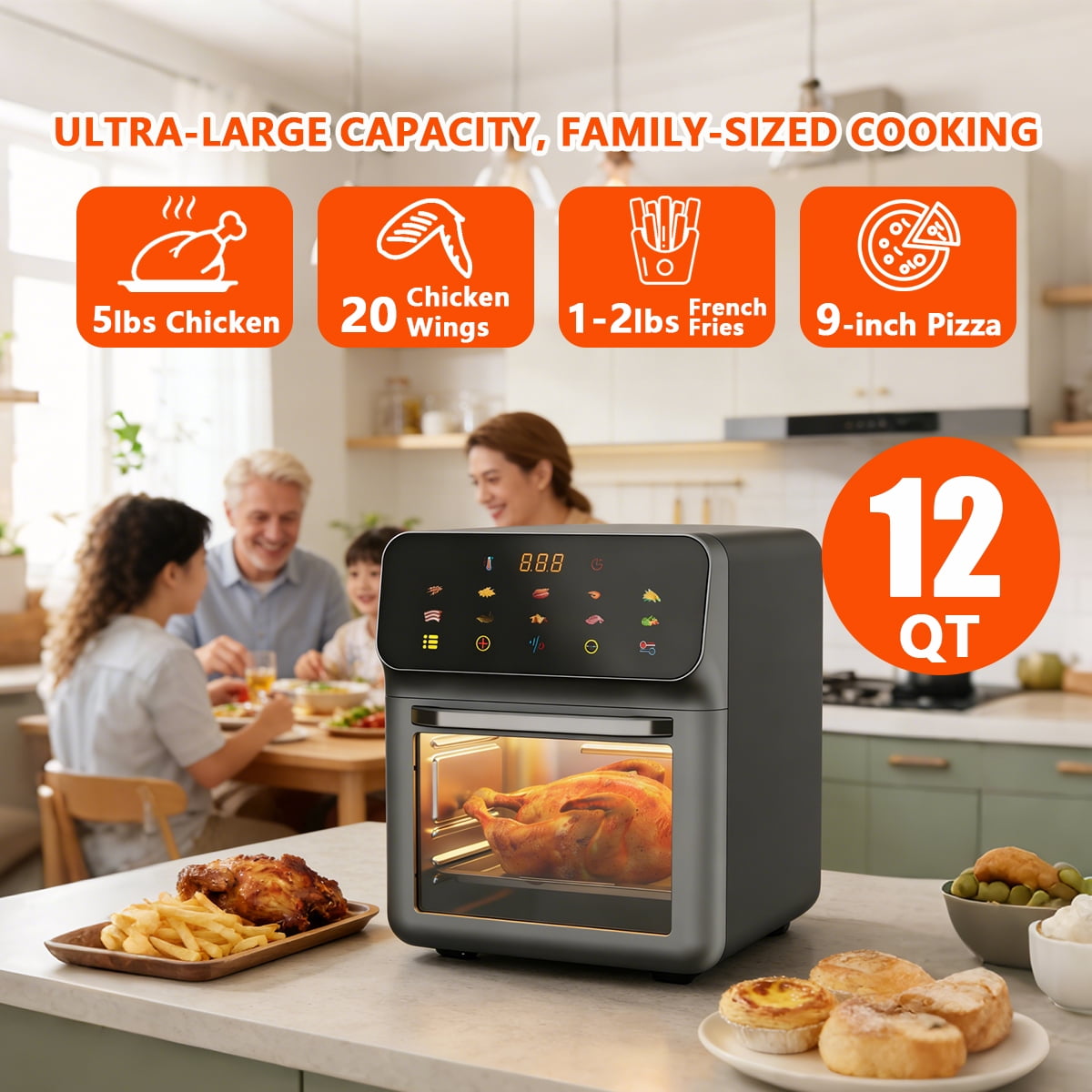 SOKANY 12QT Air Fryer Convection Oven 10-in-1 Multifunctional Countertop Oven with Visible Window & Touchscreen, Black