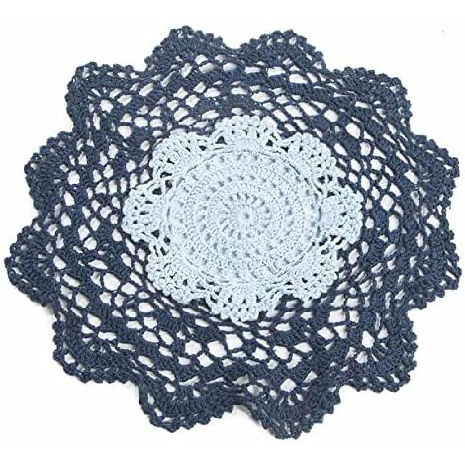 12" Navy and Light Blue Round Cotton Hand Crocheted Lace Doilies, Set