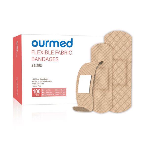 Ourmed Flexible Fabric Adhesive Bandages, Latex Free, Non-Stick Pad for Wound Care, Assorted Sizes, 100 Count