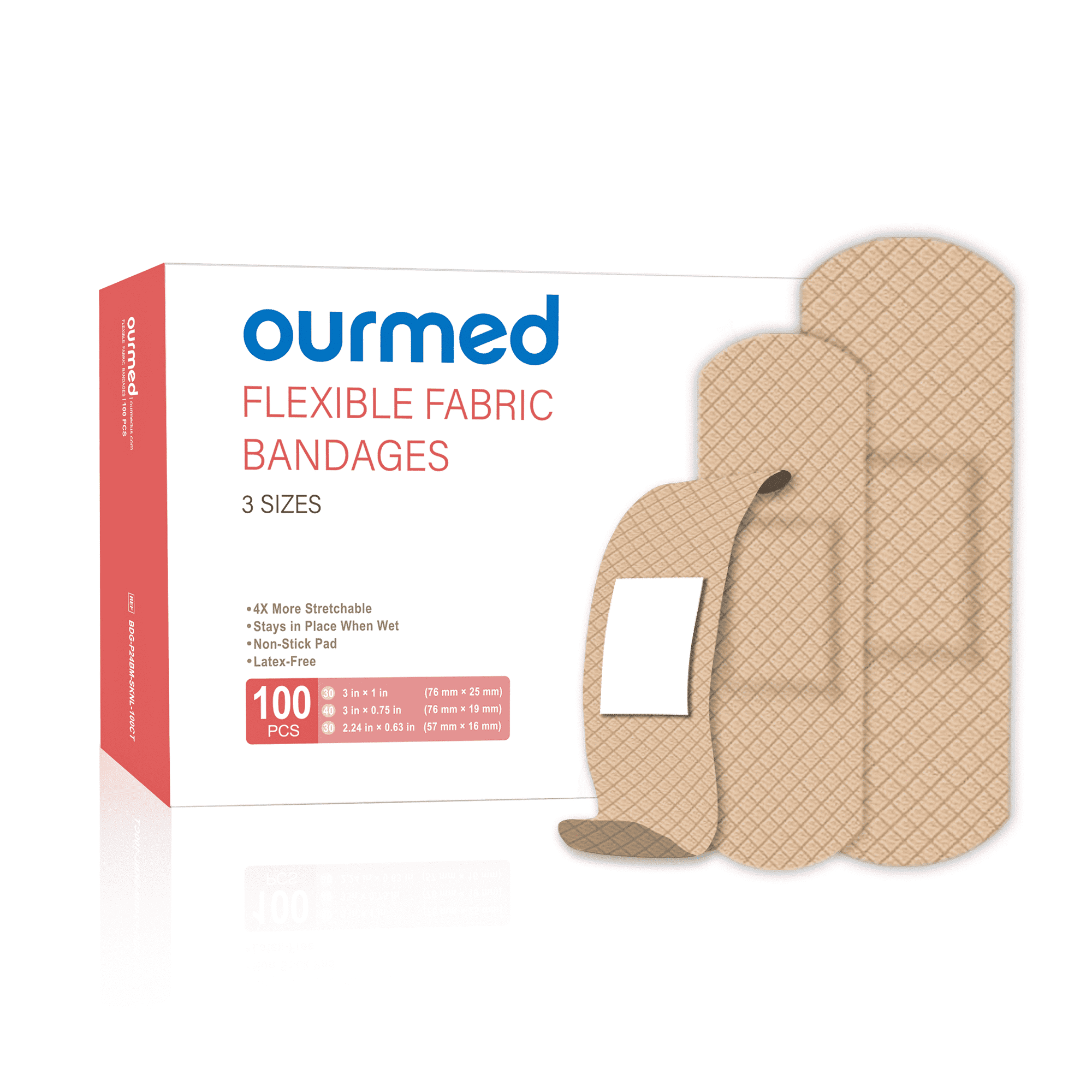 Ourmed Flexible Fabric Adhesive Bandages, Latex Free, Non-Stick Pad for Wound Care, Assorted Sizes, 100 Count