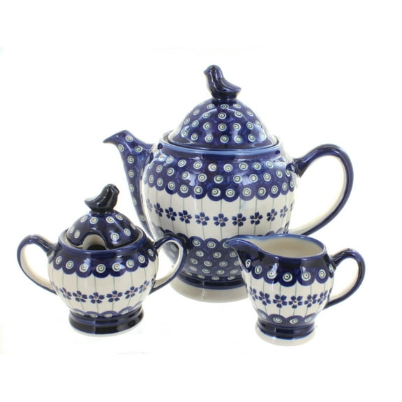 Blue Rose Polish Pottery Flowering Peacock 3 Piece Coffee Pot Set with Bird Topper