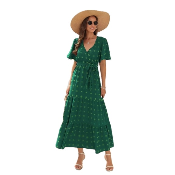 Women's Swiss Dot Tied Surplice Short Sleeve Dress 100% Polyester Sheer Bodice Not Lined Easy Everyday Wear Essential