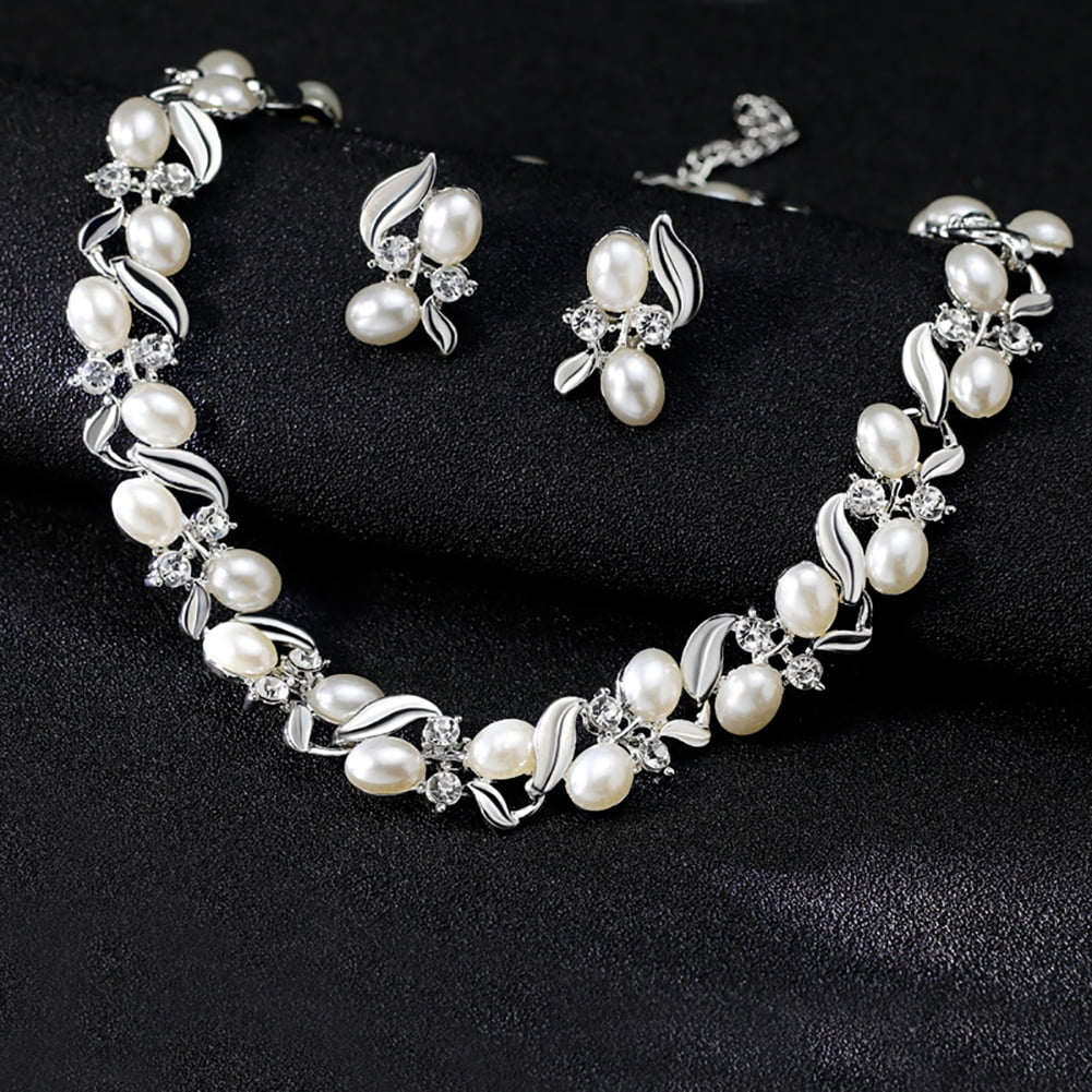 Riguas Fashion Rhinestone Faux Pearl Necklace Earrings Women Bride Wedding Jewelry  Set Jewelry Gift 