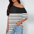 thumbnail image 2 of MIUOWANP T-Shirts for Women Casual Striped Printed Skew Collar Loose Short Sleeve Tops Black XXL, 2 of 5