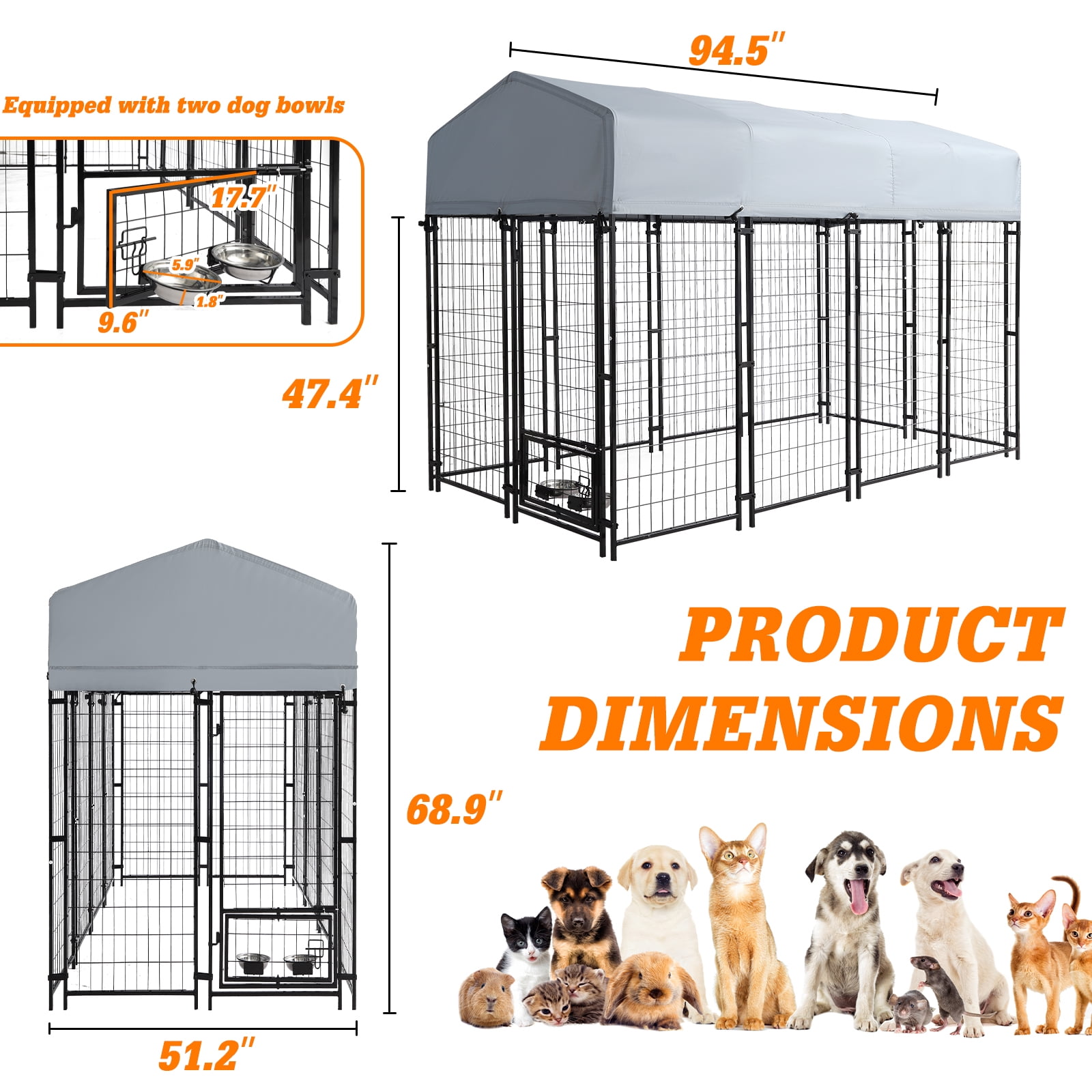 Magic Union 8x4x6 FT Outdoor Dog Kennel with Roof Cover, Heavy Duty Dog House Outside with Lockable Door, Indoor Dog Playpen Outdoor Dog Cage Pen Pet Fence with 2 Rotating Feeding Bowls for Large Dog
