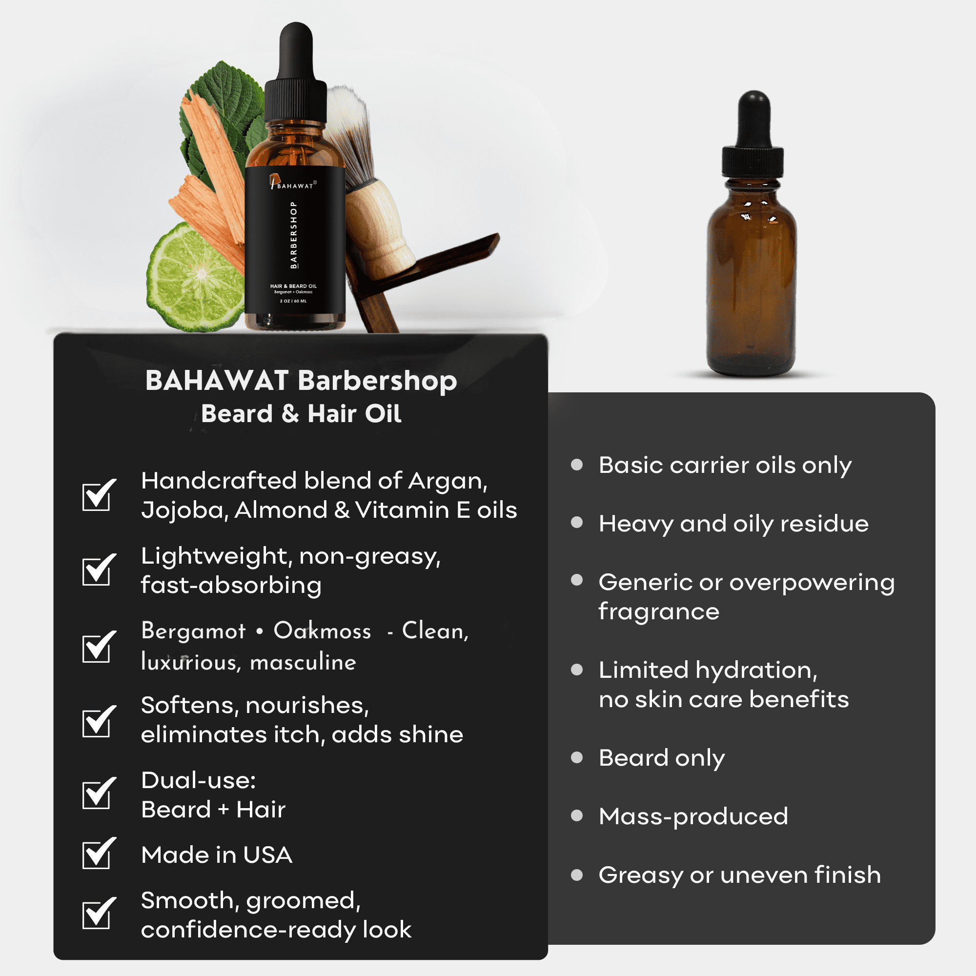Bahawat Beard & Hair Oil - Natural & Organic Leave-in Conditioner  - Barbershop, 2 oz