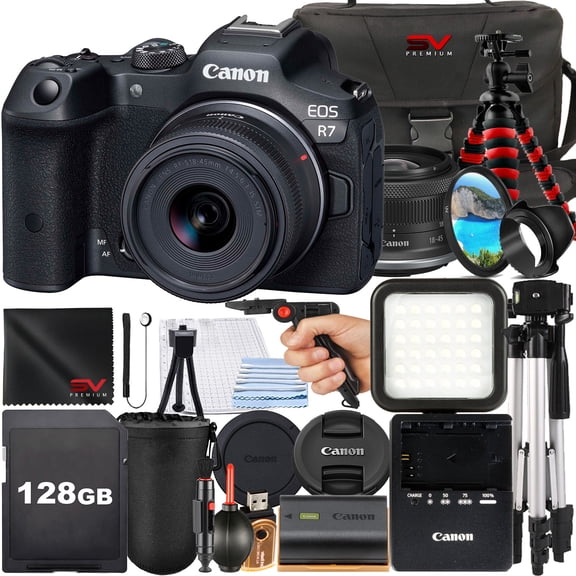 Canon EOS R7 Mirrorless Camera with RF-S 18-45mm Lens   SanDisk 128GB Memory Card   Case   Tripod   SV Premium Accessory Bundle (International Version)