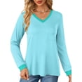 thumbnail image 3 of MOSHU Color Block T Shirts for Women V Neck Long Sleeve Womens Shirts Loose Fall Tops with Pocket, 3 of 8