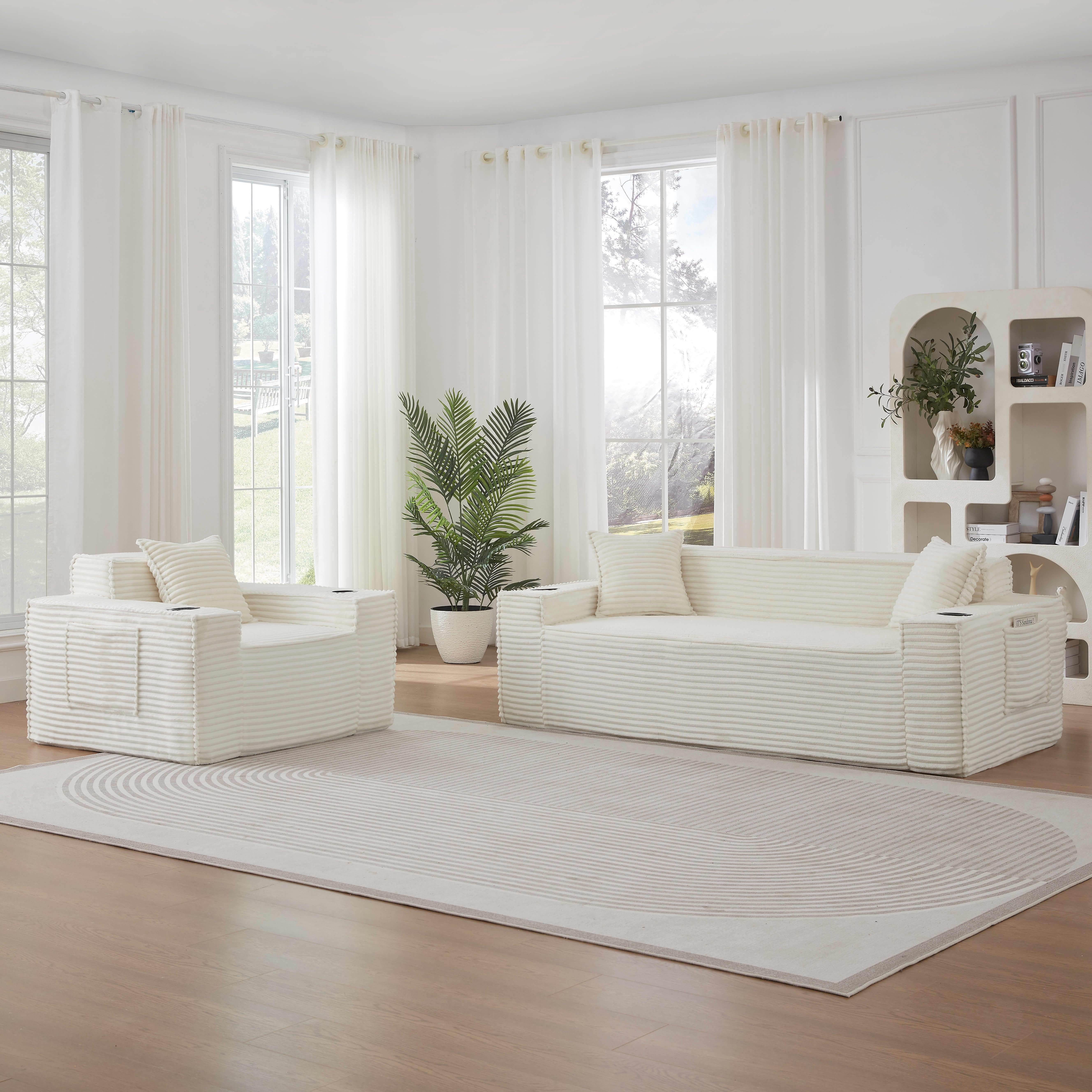 MAYEERTY Minimalist Corduroy Boneless Couch with Side Pockets & Cup Holders for Compact Living Room, White