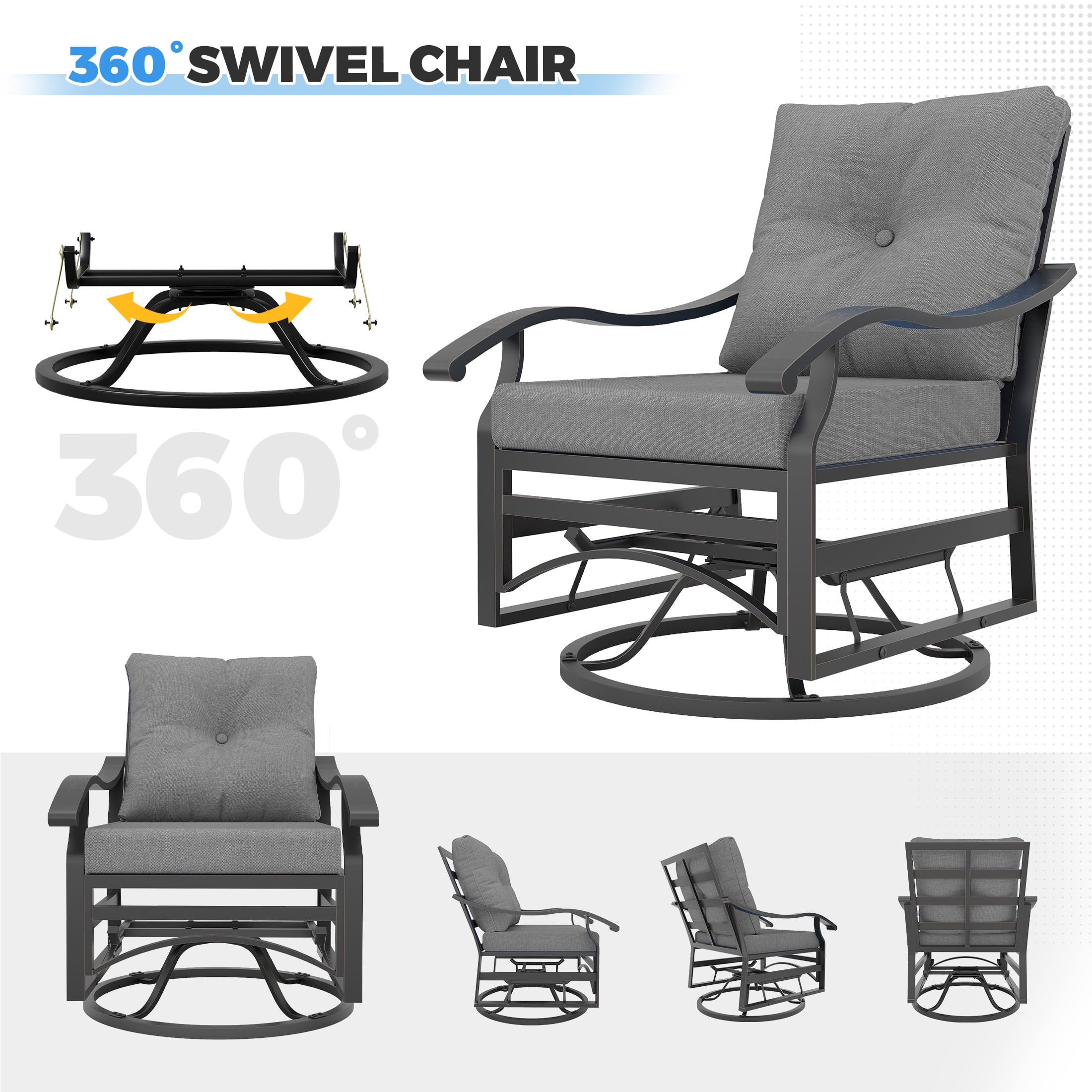 POTEBAN Outdoor Swivel Rocker Chairs, 3 Piece Metal Patio Rocking Chairs with Padded Cushions Patio Bistro Furniture Set with Side Table for Porch Balcony Backyard, Grey