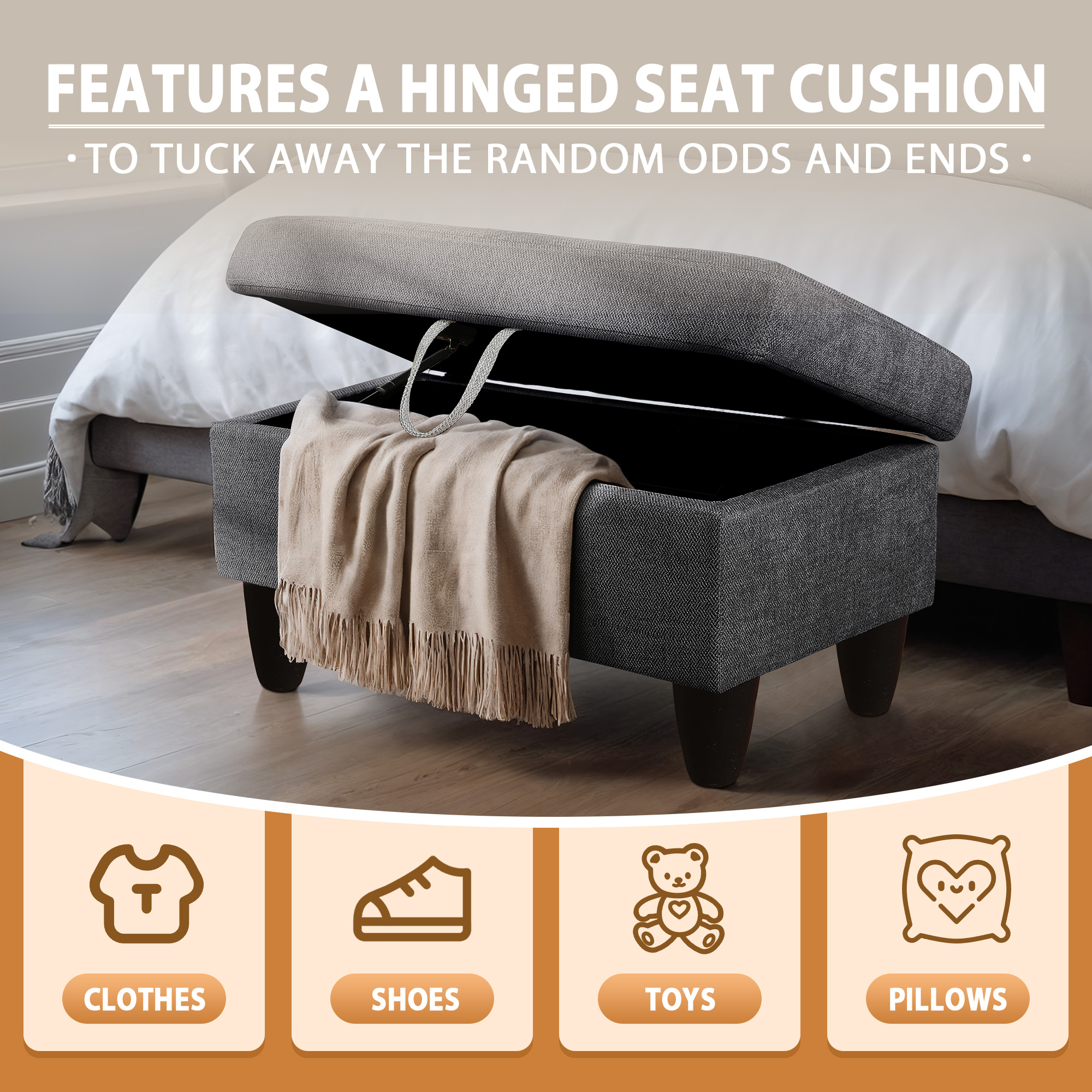 WRTEYEUI Ottoman Rectangular Storage Ottoman Bench, Flannel Footrest Stool Footstool with Lid for Living Room, Bedroom, Entryway, Black Gray, 28.5"x19"x17.5"