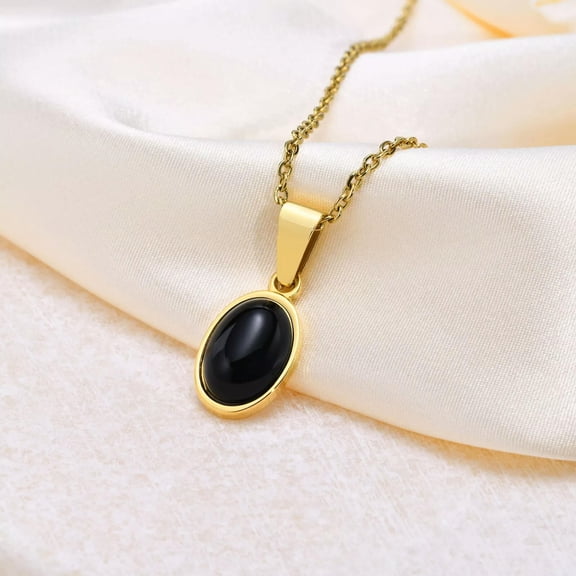 HOOUN Gold Stainless Steel Agate Black Stone Oval Pendant Necklace Chain 20'' Women