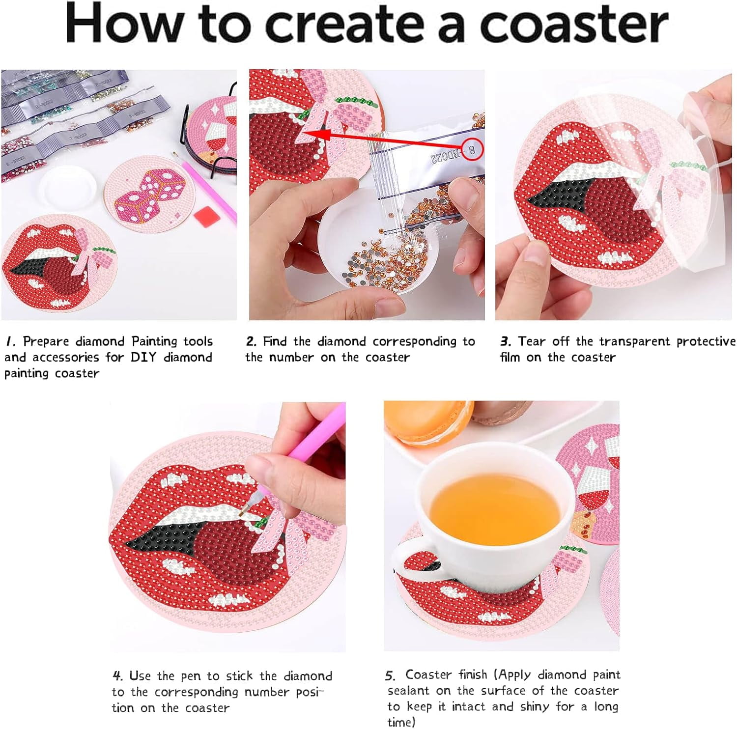 Pink Vintage Diamond Paintings Coasters Kits Set,8 Pieces Retro Funny Drinks Diamond Art Painting Coasters Kit with Holder,5D DIY Full Drill Diamonds Dot for Beginners Gift