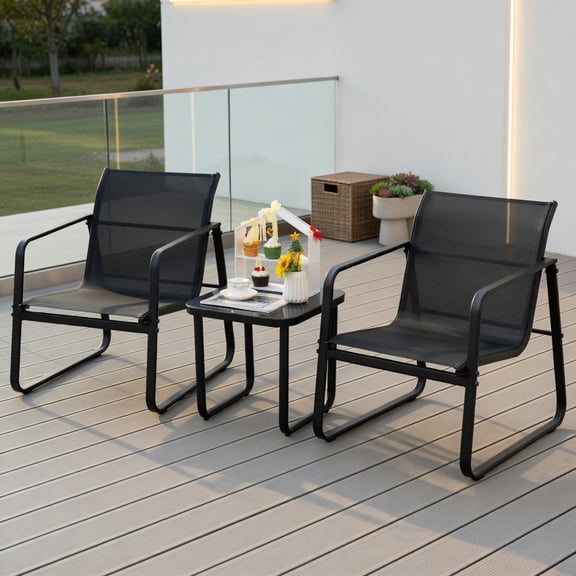 Kadyn 3-Piece Black Steel Outdoor Bistro Set with Tempered Glass Table – Patio Chairs & Coffee Table for Deck, Garden, Balcony & Poolside