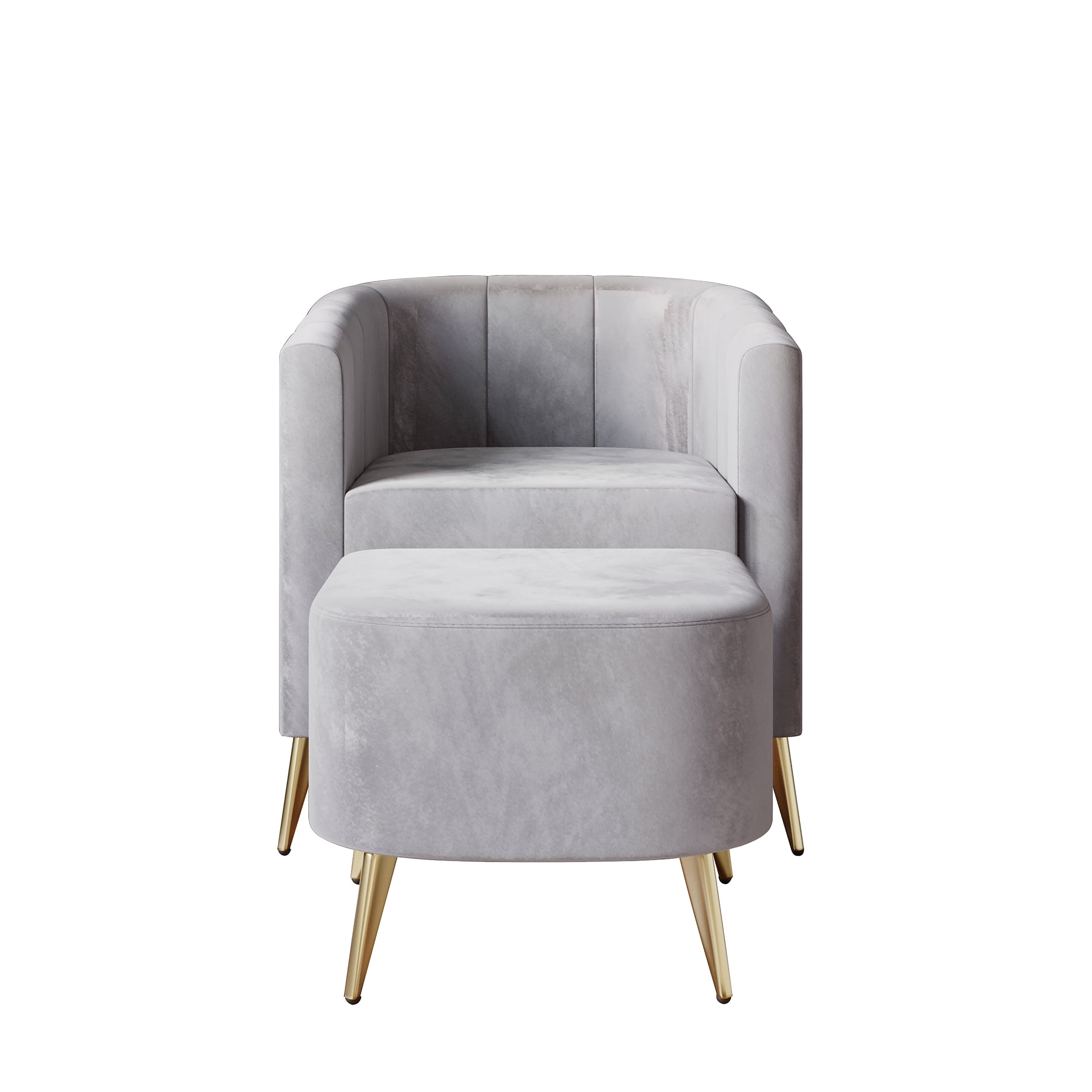 Castle Place Modern Upholstered Velvet Accent Chair with Stool, Silver Grey
