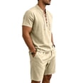 thumbnail image 5 of Mens Linen 2 Piece Set Short Sleeve Retro Medieval Viking Lace Up Henley Pirate Shirt and Shorts Summer Distressed Vacation Outfits Khaki, 5 of 9
