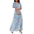 thumbnail image 5 of Fesfesfes Women's Fashion V Neck Floral Print Maxi Dress Summer Short Sleeve Chiffon Flowy Long Dresses for Wedding Guest Garden Party, 5 of 8