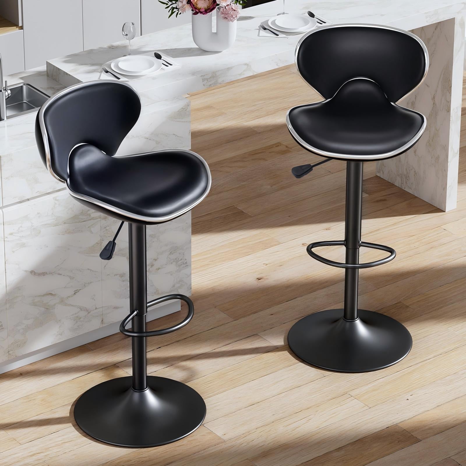 Bar Stools Set of 2, Adjustable Swivel Barstools, Modern PU Leather Counter Height Stools with Back and Footrest for Island, Dining, Bistro, Pub (Black/Black Base)