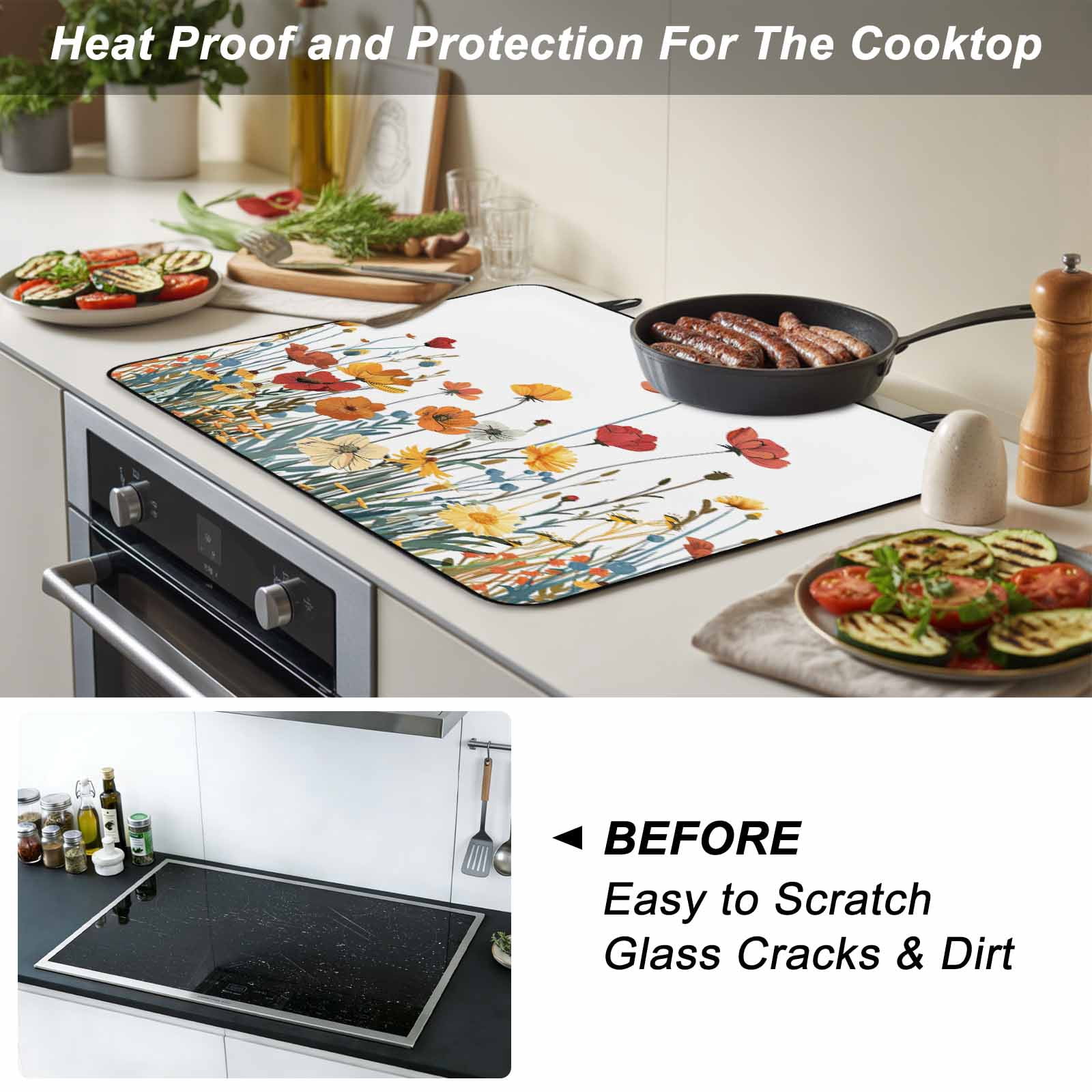 Spring Floral Stove Top Cover for Electric Stove, Heat-proof & Non Slip Glass Top Stove Cover Protector, Watercolor Elegant Botanical Summer Kitchen Flat Cooktop Rubber Mat 24x21 Inches
