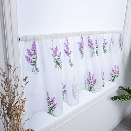 Flower Embroidery Short Curtain, Kitchen Curtains With Purple Flowers
