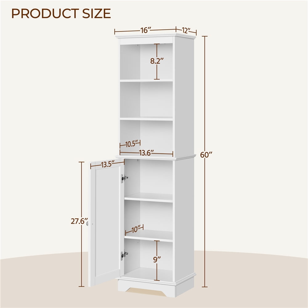 Yaheetech Tall Bathroom Floor Cabinet with Single Door and Shelves, White