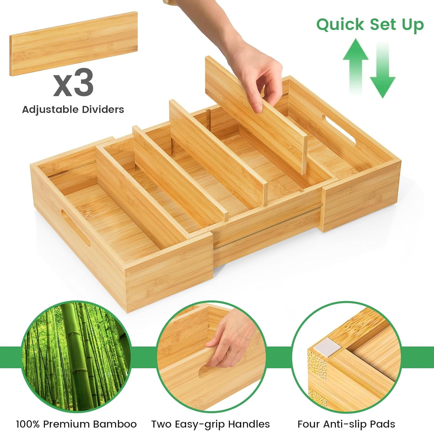 Semiocthome Drawer Organizer Bamboo Expandable Lid Organizer with 3 Adjustable Divider,Kitchen,Natural