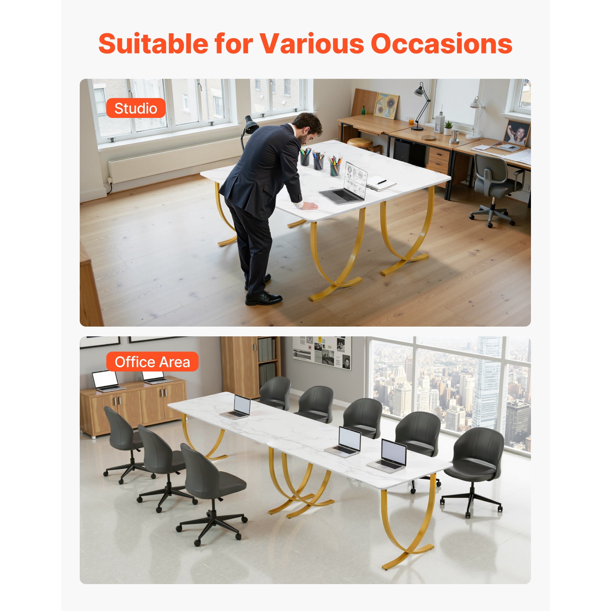 KFFKFF Executive Desk, 63" W x 31.5" D Spacious Office Desk, Contemporary Computer Table for Conference or Workspace, Business Furniture with Expanded Surface for Home or Office, White and Gold