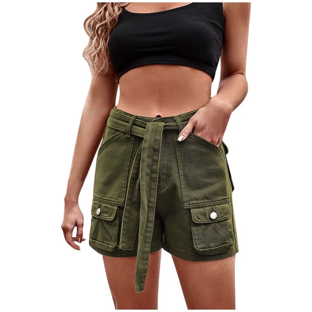 RQYYD Reduced Women's Denim Cargo Shorts and Belt High Waisted Zipper Combat Short Jeans Summer