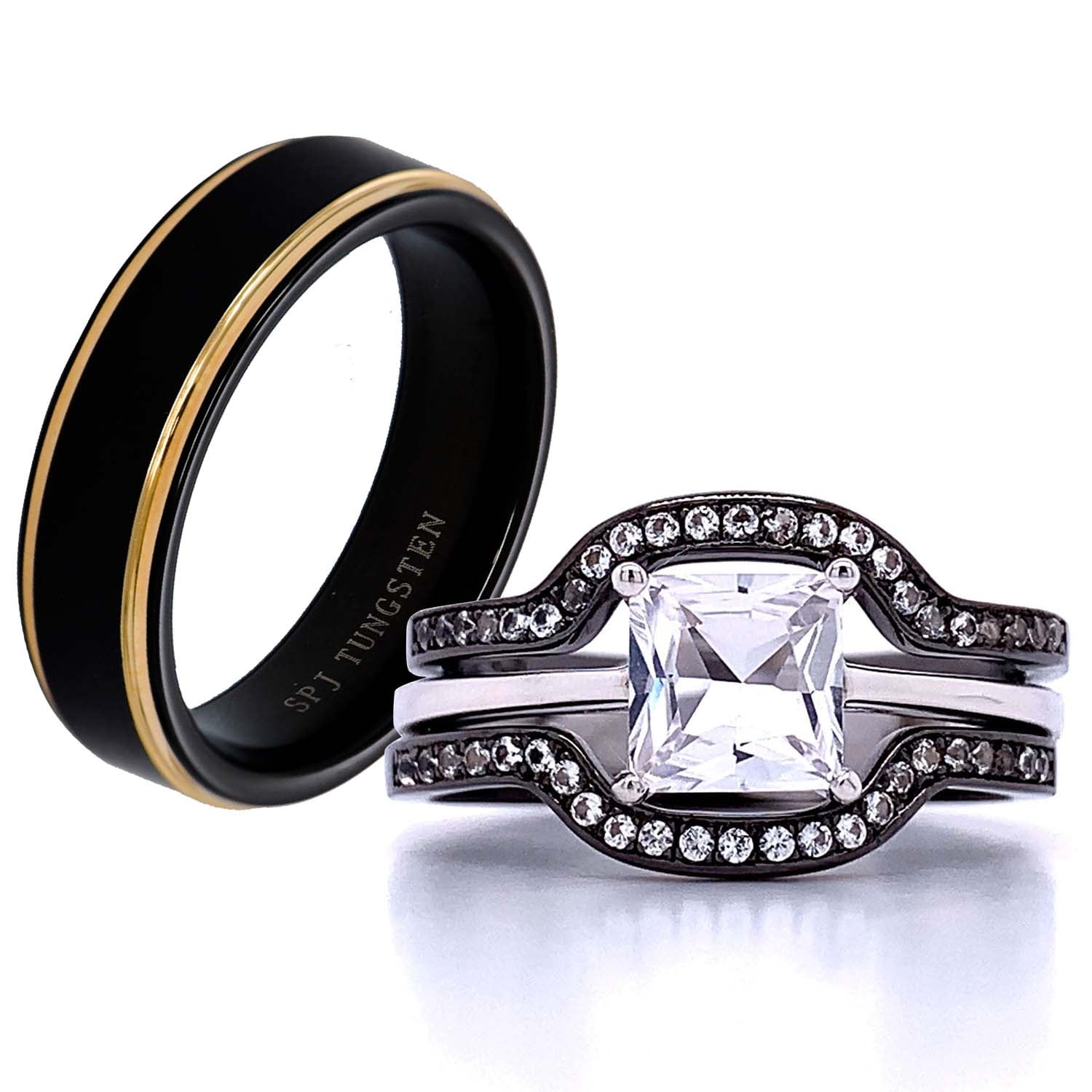 FlameReflection Wedding Band Sets for Women Black Stainless Steel Engagement Ring Set Princess CZ SPJ