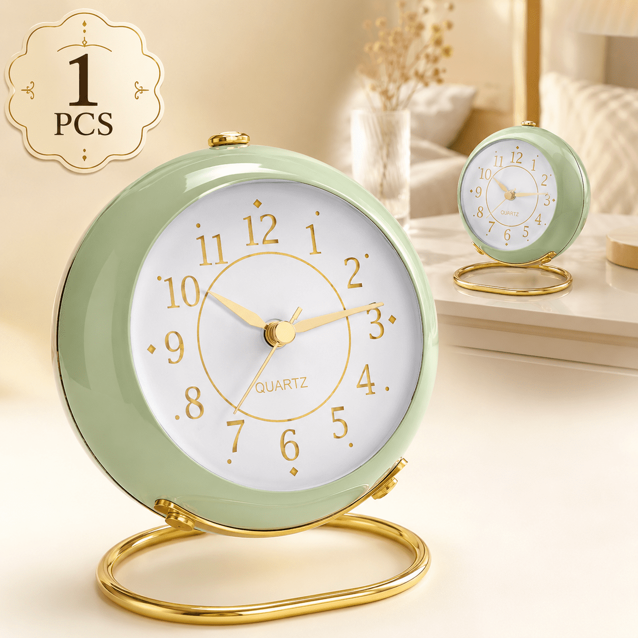 Analog Alarm Clocks,Retro Backlight Cute Simple Design Small Desk Clock with Night Light,Silent Non-Ticking,Battery Powered,Bedroom,Travel,Kitchen,Bedside Desktop.(Green)