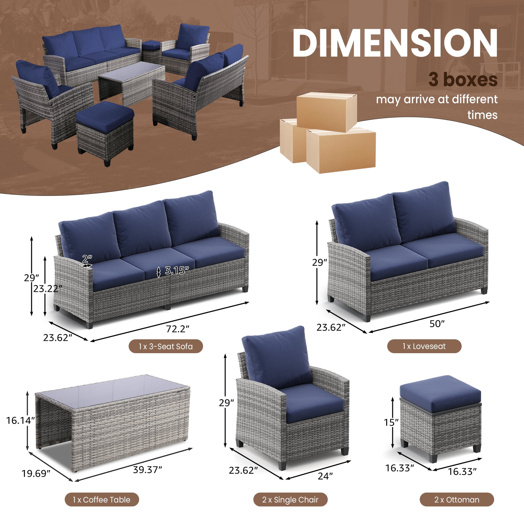 FHFO 7 Piece Outdoor Patio Furniture Sets Wicker Conversation Set PE Rattan Sectional Sofa Couch with Ottomans, and Coffee Table for Backyard, Porch and Garden(gray&Blue)