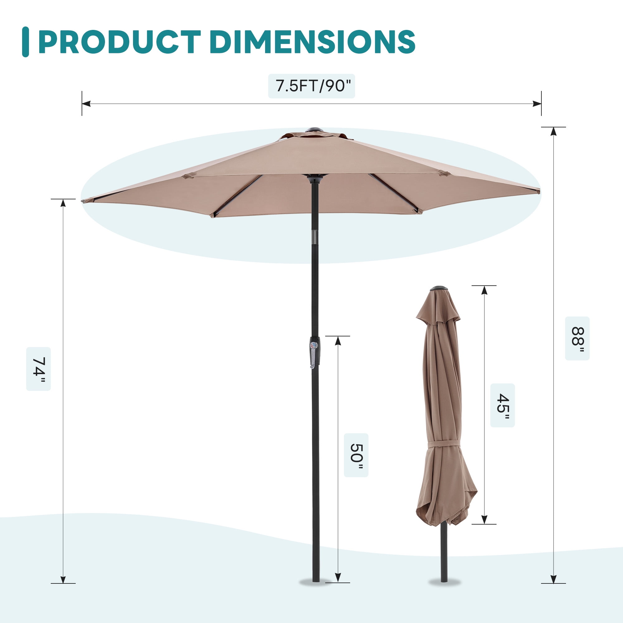 MCQ 7.5ft Outdoor Patio Umbrella with Push Button Tilt & Crank, 6-Rib Design, UV15+ Waterproof Fabric, Brown