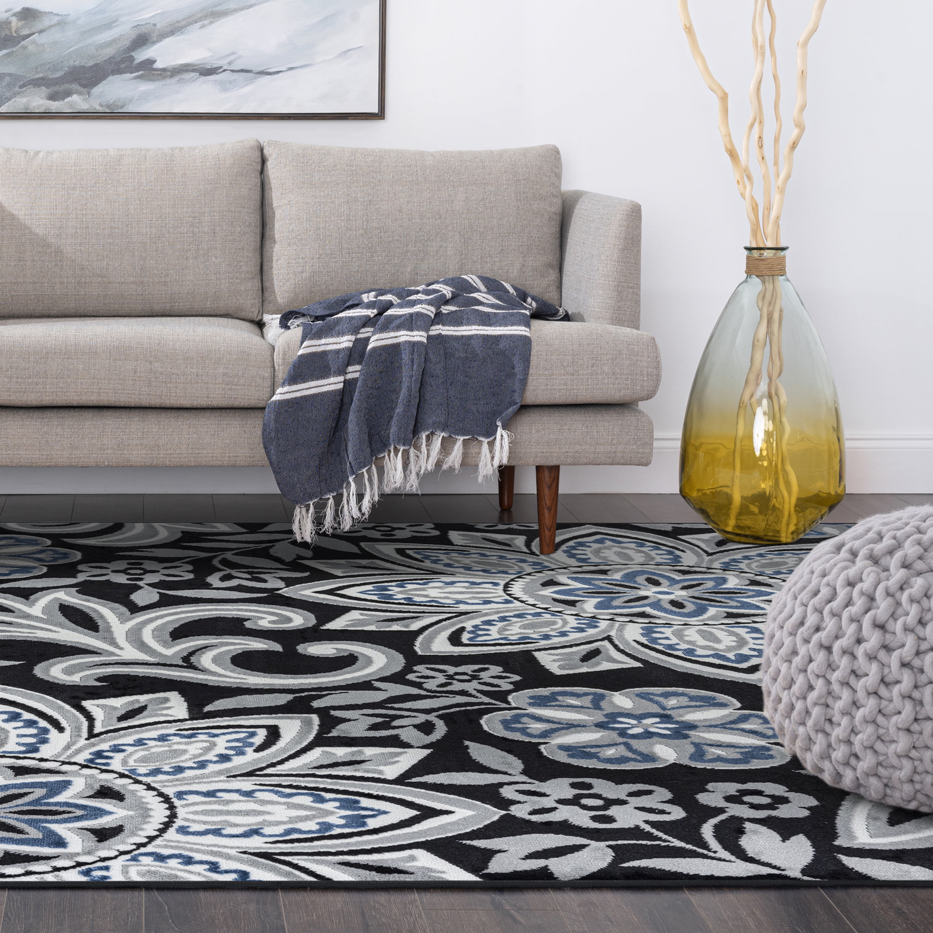 Transitional 5x8 Area Rug (5'3'' x 7'3'') Floral Gray, Charcoal Living Room Easy to Clean