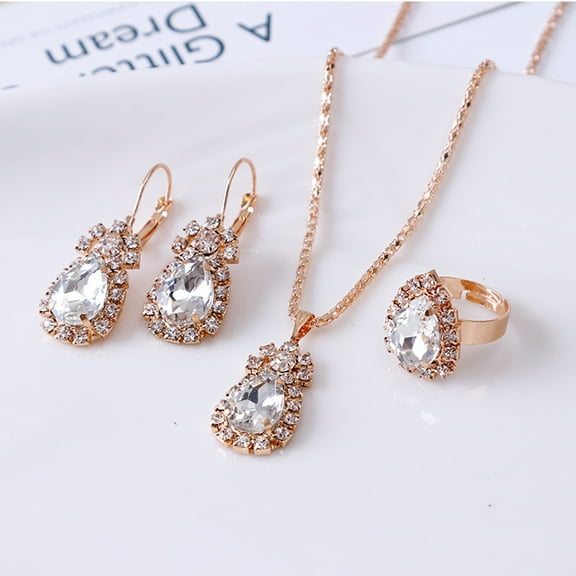 SmartBy 3Pcs/Set Women Water Drop Bright Alloy Rhinestone Pendant Necklace Earrings Ring Jewelry Set for Valentine Day